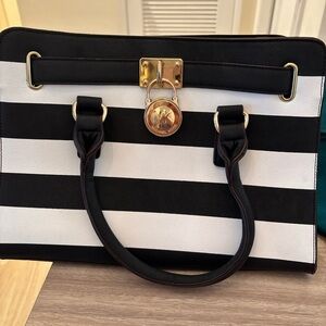 Michael Kors Black and White Striped Satchel with Gold Hardware